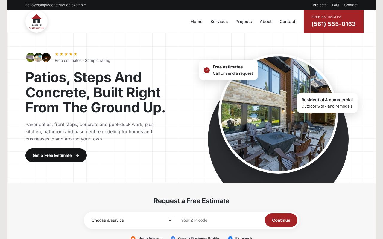Homepage of the Sample Construction Co. contractor website example
