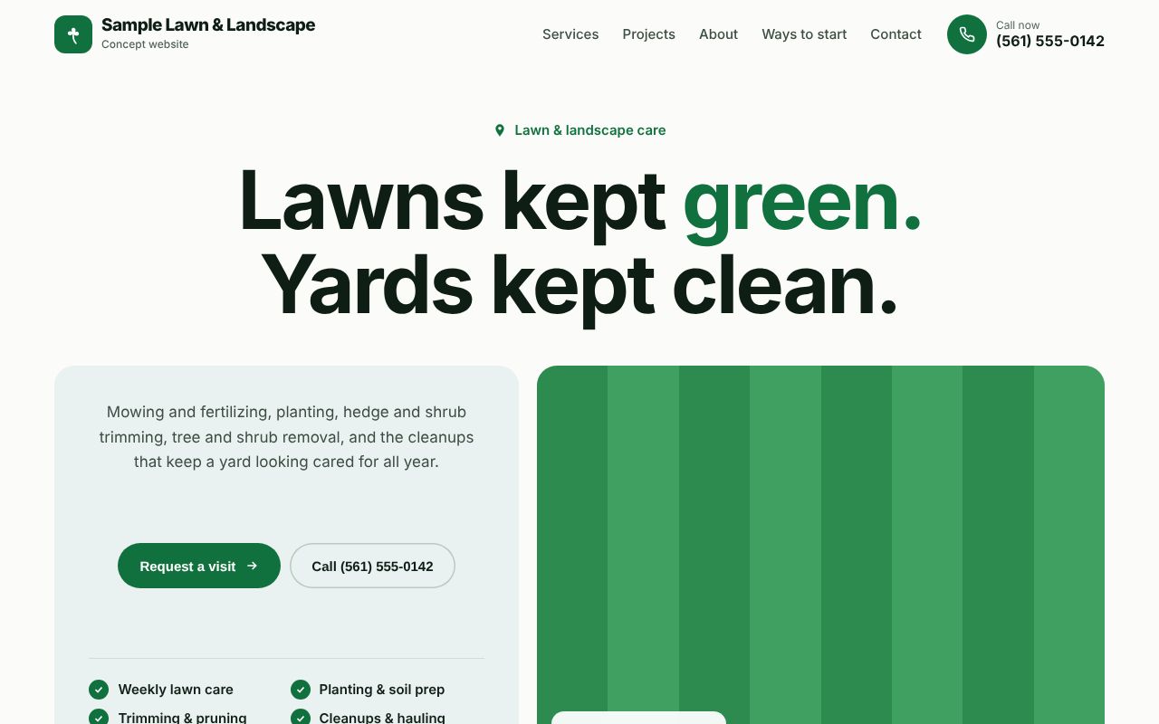 Homepage of the Sample Lawn and Landscape contractor website example
